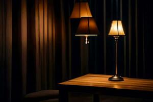 a table with a lamp on it in the dark. AI-Generated photo