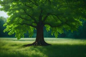 a large tree in a field with green leaves. AI-Generated photo