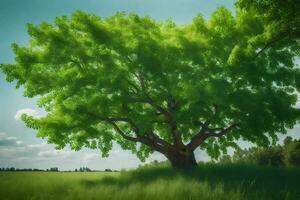 un grande árbol en un campo con verde hojas. generado por ai foto
