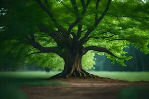 un grande árbol en el medio de un campo. generado por ai foto