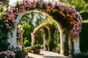 a garden archway with pink flowers and green plants. AI-Generated photo