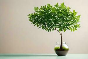 un pequeño árbol en un florero en un mesa. generado por ai foto