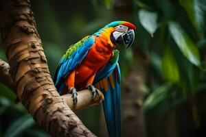 a colorful parrot sits on a branch in the jungle. AI-Generated photo