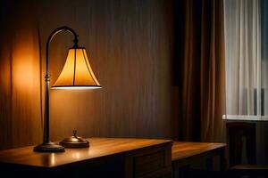 a lamp is on a table in a dark room. AI-Generated photo