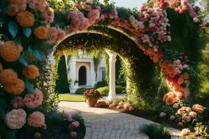 a walkway with flowers and archway. AI-Generated photo