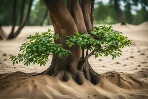 a tree growing out of the sand in the desert. AI-Generated photo