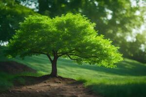 a tree is standing on a dirt path in the middle of a field. AI-Generated photo