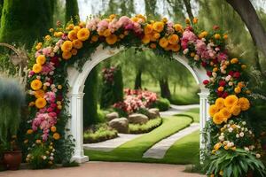 a flower archway is decorated with colorful flowers. AI-Generated photo