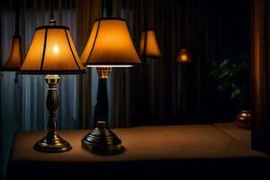 two lamps are sitting on a table in front of a curtain. AI-Generated photo