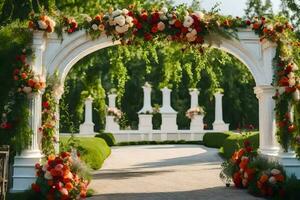 an archway with flowers and greenery. AI-Generated photo