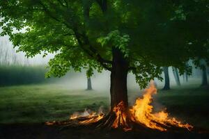 un árbol con fuego y fumar viniendo fuera de él. generado por ai foto