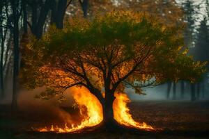 a tree with flames coming out of it in the middle of a forest. AI-Generated photo