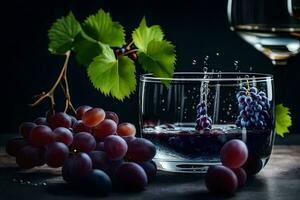 un vaso de vino y uvas en un mesa. generado por ai foto