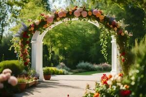 an archway with flowers and greenery. AI-Generated photo