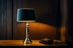 a lamp on a table in a dark room. AI-Generated photo