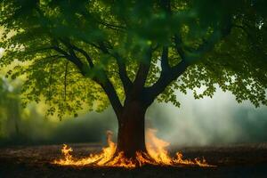 a tree with flames coming out of it. AI-Generated photo