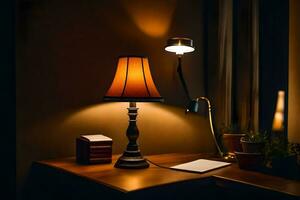 a lamp on a desk in the dark. AI-Generated photo