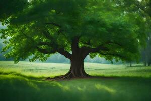 a large tree in the middle of a green field. AI-Generated photo