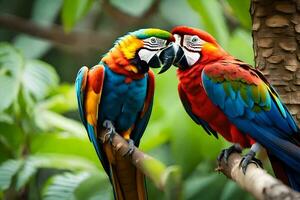 two colorful parrots sitting on a branch. AI-Generated photo