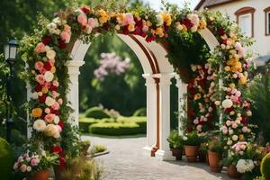 an archway with flowers and greenery. AI-Generated photo