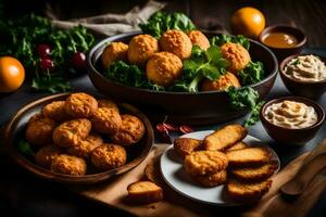 a table with various food items including bread, cheese and vegetables. AI-Generated photo