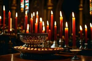 candles are lit in a church with a bowl of nuts. AI-Generated photo