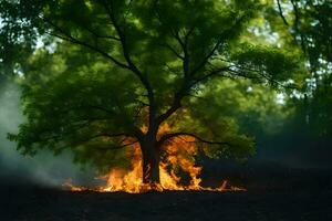 a tree is burning in the middle of a forest. AI-Generated photo