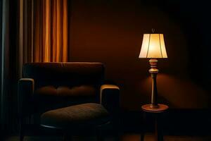 a chair and lamp in a dark room. AI-Generated photo