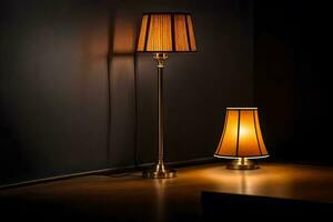 two lamps on a table in front of a dark wall. AI-Generated photo