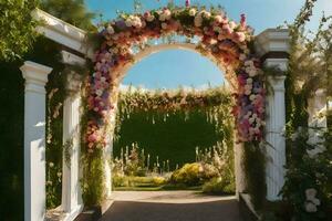 a flower archway is decorated with pink and white flowers. AI-Generated photo