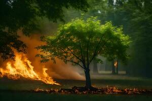 a tree is burning in the middle of a field. AI-Generated photo