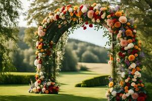 a wedding arch decorated with flowers in the grass. AI-Generated photo