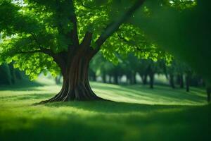 a tree is standing in the middle of a green field. AI-Generated photo