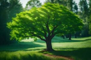 a tree in the middle of a green field. AI-Generated photo