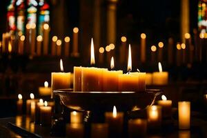 candles in a church with candles lit up. AI-Generated photo