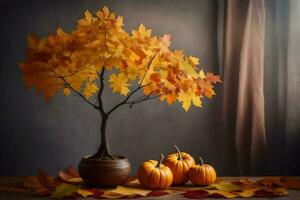 autumn leaves and pumpkins in a bonsai tree. AI-Generated photo