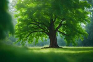 un grande árbol en el medio de un verde campo. generado por ai foto