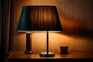 a lamp on a table next to a cup of coffee. AI-Generated photo