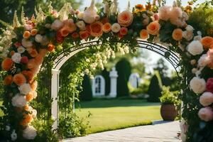 an archway with flowers and greenery. AI-Generated photo