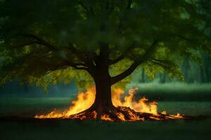 a tree with flames coming out of it in the middle of a field. AI-Generated photo