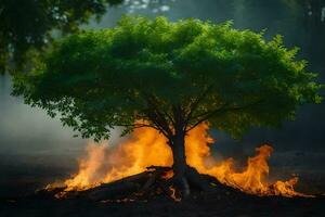 a tree is burning in the middle of a field. AI-Generated photo