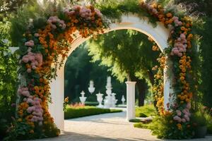 an archway with flowers and greenery. AI-Generated photo