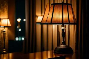 a lamp on a table in a dark room. AI-Generated photo