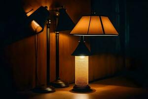 Tres lamparas son iluminado arriba en un oscuro habitación. generado por ai foto