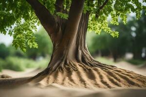 un árbol con raíces creciente fuera de el arena. generado por ai foto