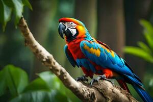 a colorful parrot sits on a branch. AI-Generated photo