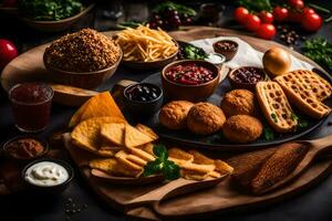 a variety of food on a wooden board. AI-Generated photo
