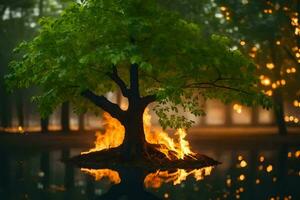 a tree with flames on it in the middle of a lake. AI-Generated photo