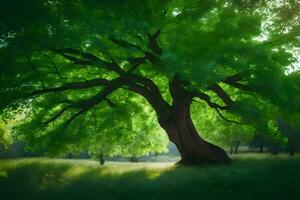 un grande árbol en el medio de un verde campo. generado por ai foto