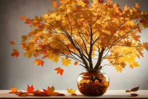autumn leaves in a vase on a table. AI-Generated photo